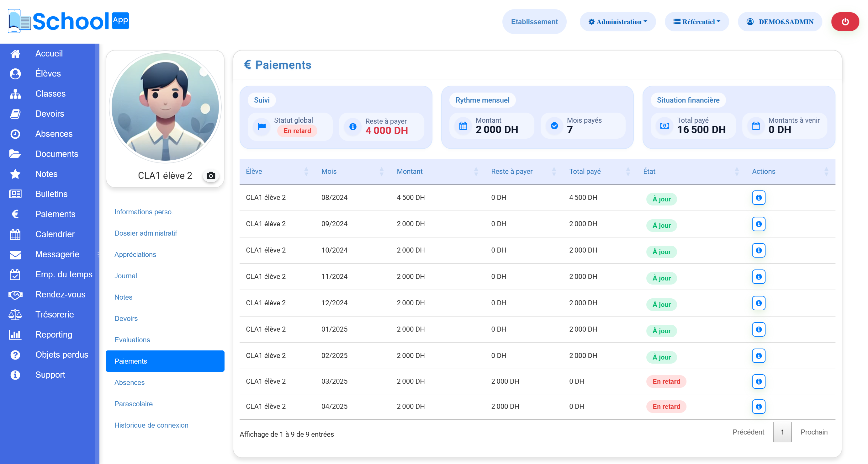 Interface du logiciel SchoolApp - tableau de bord gestion scolaire école privée Maroc